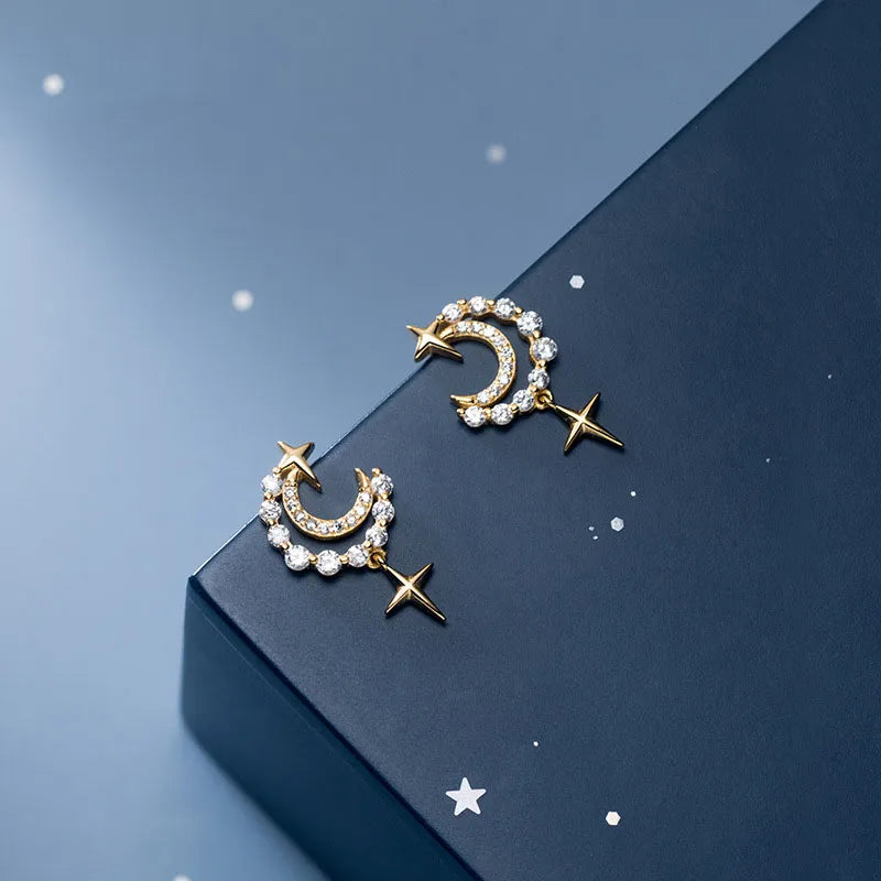 Vintage Moon & Four-Point Star Diamond Tassel Earrings