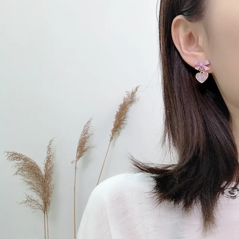 Purple Bow Heart Sequin Clip-On Earrings