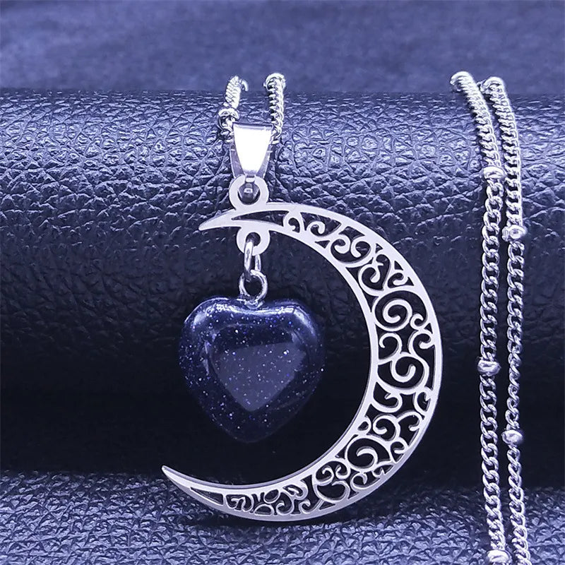 Vintage Moon Heart Stone Necklace