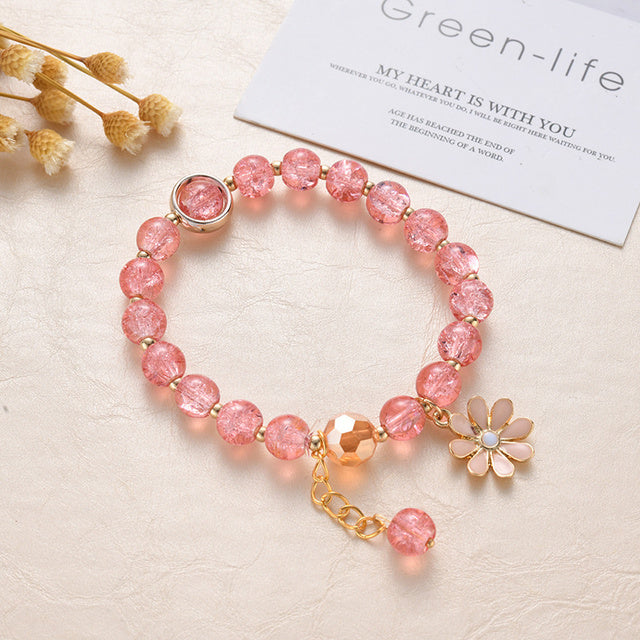 Red Stones and Daisy Flower Bracelet in Gold