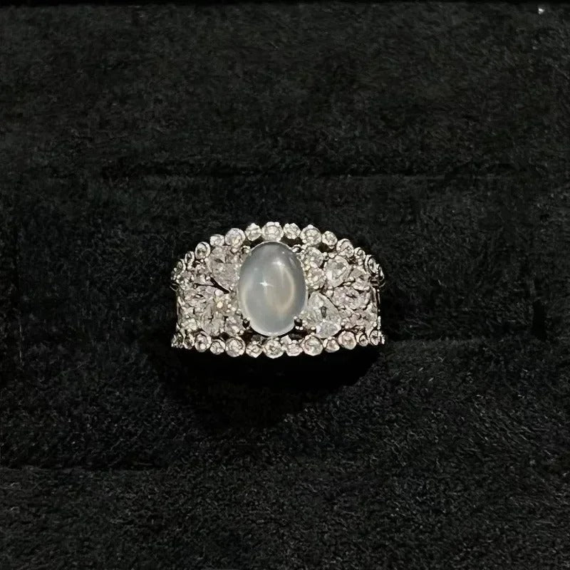 Classic Vintage Silver Moonstone Halo Ring-Lydieannejewelry