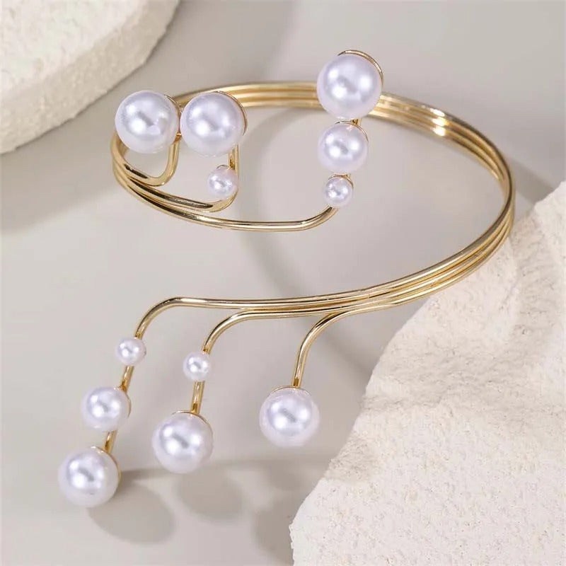 Vintage Gold & Cascading Pearl Bangle Bracelet-Lydieannejewelry