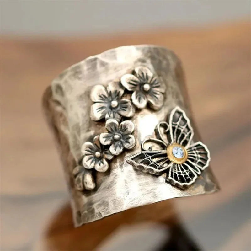 Vintage Wide Butterfly Flower Rhinestone Ring