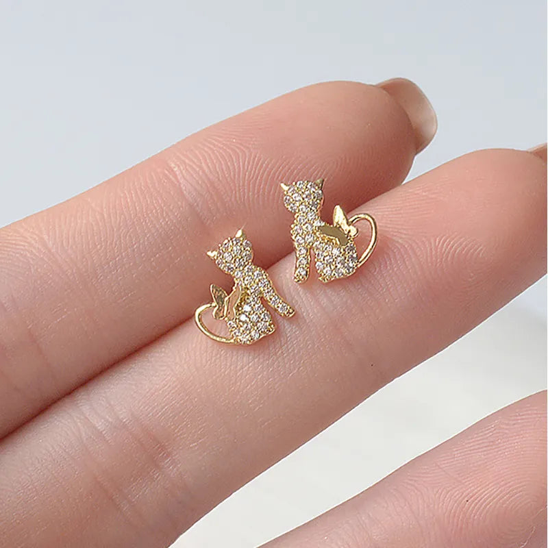Cute Kitten Diamond Stud Earrings