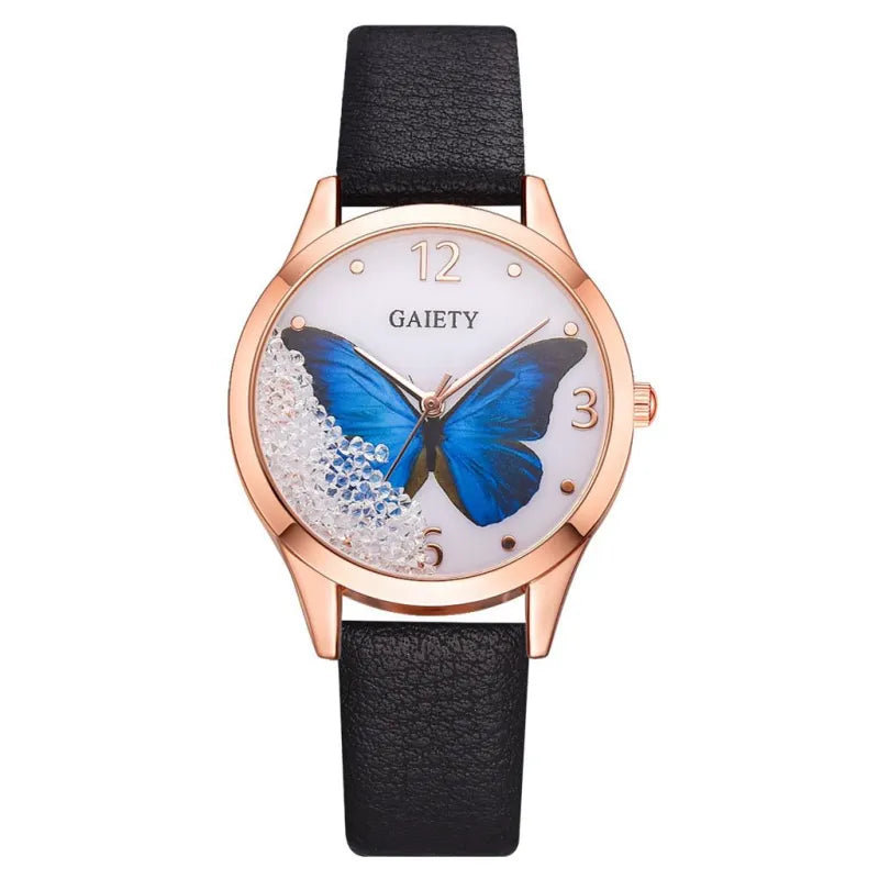 Women’s Gaiety Fashion Watch – Crystal Butterfly, Leather Band