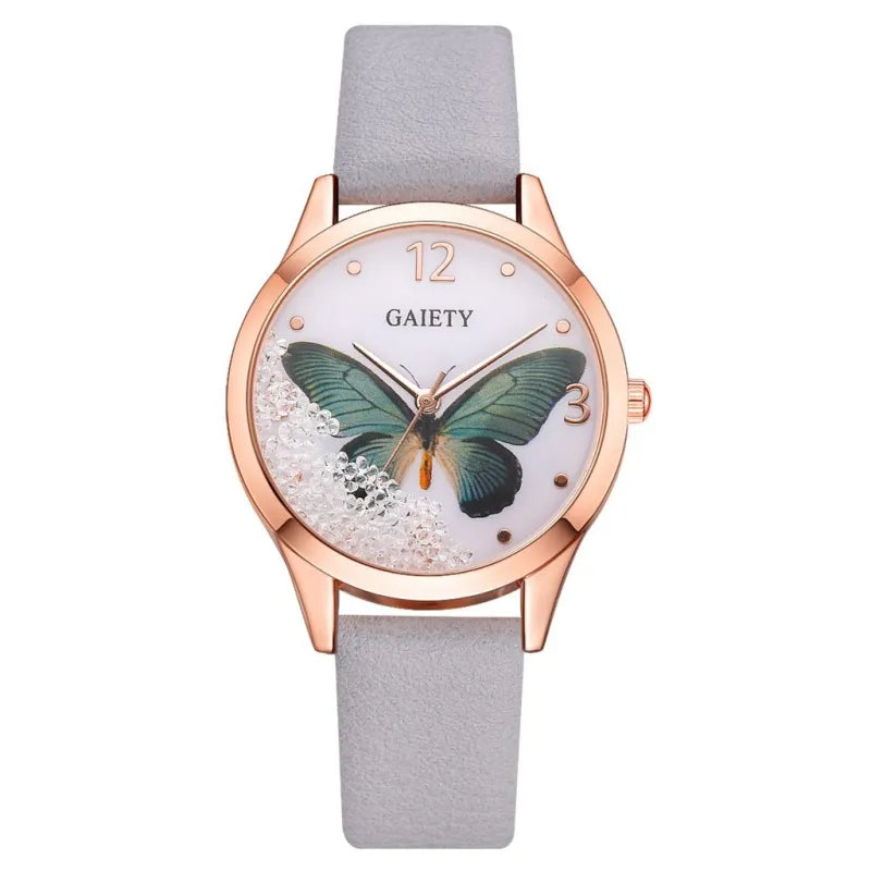 Women’s Gaiety Fashion Watch – Crystal Butterfly, Leather Band