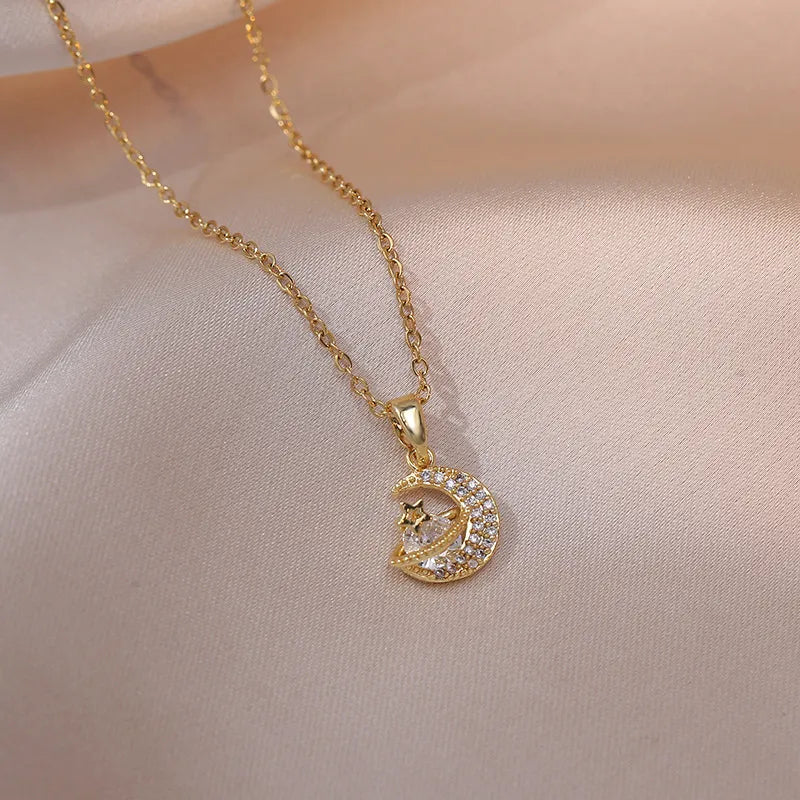 Vintage Star & Moon Zircon Necklace