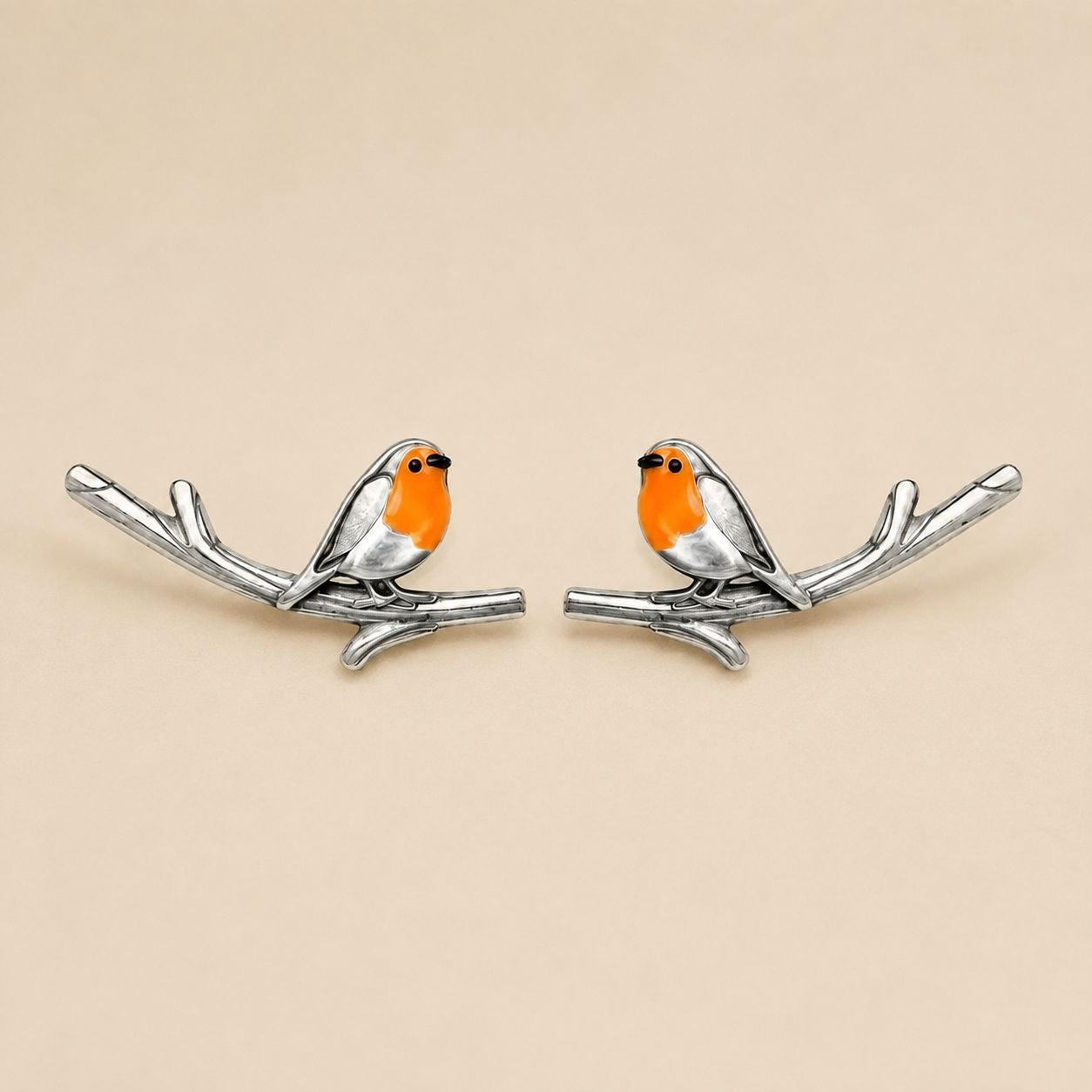 Robin Bird Branch Ear Climber Earrings – Silver Tone Orange Enamel