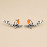 Robin Bird Branch Ear Climber Earrings – Silver Tone Orange Enamel