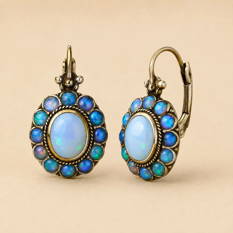 Blue Opal Style Cluster Drop Earrings – Gold Tone Leverback