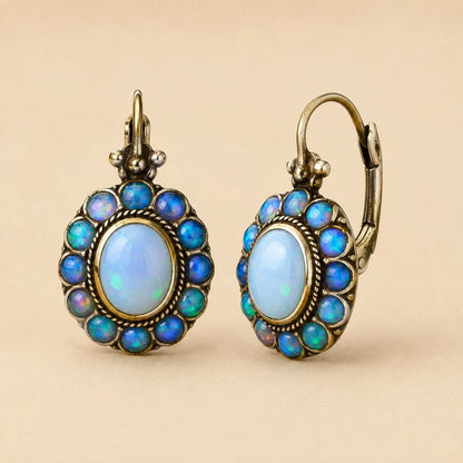 Blue Opal Style Cluster Drop Earrings – Gold Tone Leverback