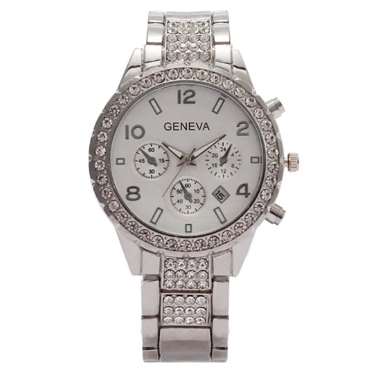 Elegant Ladies Fashion Watch with Diamond Accents, Calendar & Three-Eye Design