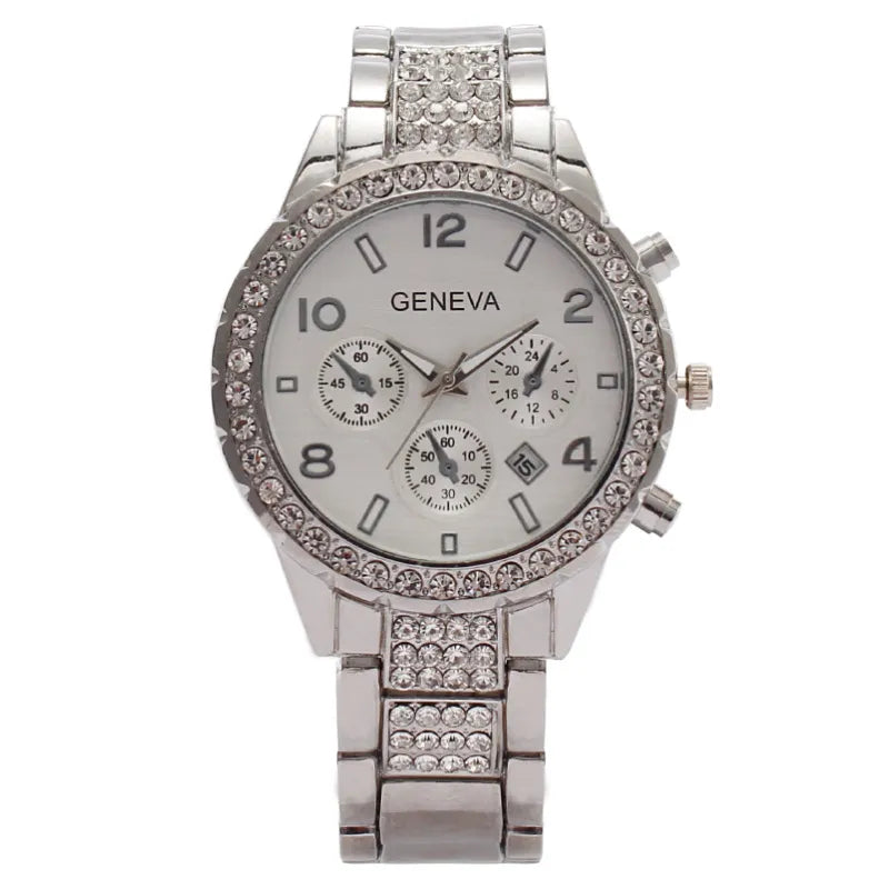 Elegant Ladies Fashion Watch with Diamond Accents, Calendar & Three-Eye Design