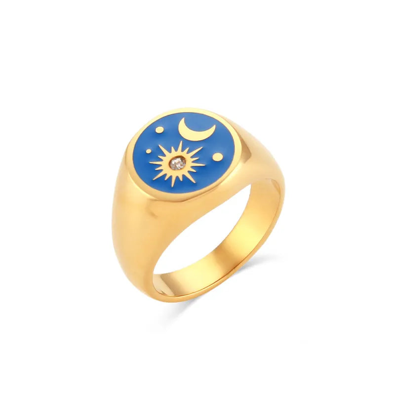 Vintage Oil-Drip Diamond Star Moon Ring