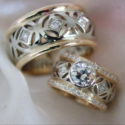 Vintage Hollow Gold & Silver Zirconia Ring-Lydieannejewelry