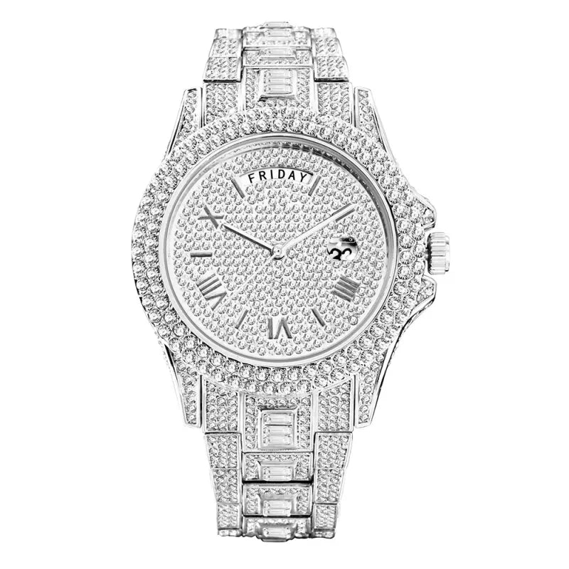 Ultra-Luxury Men’s Full Diamond Calendar Quartz Watch