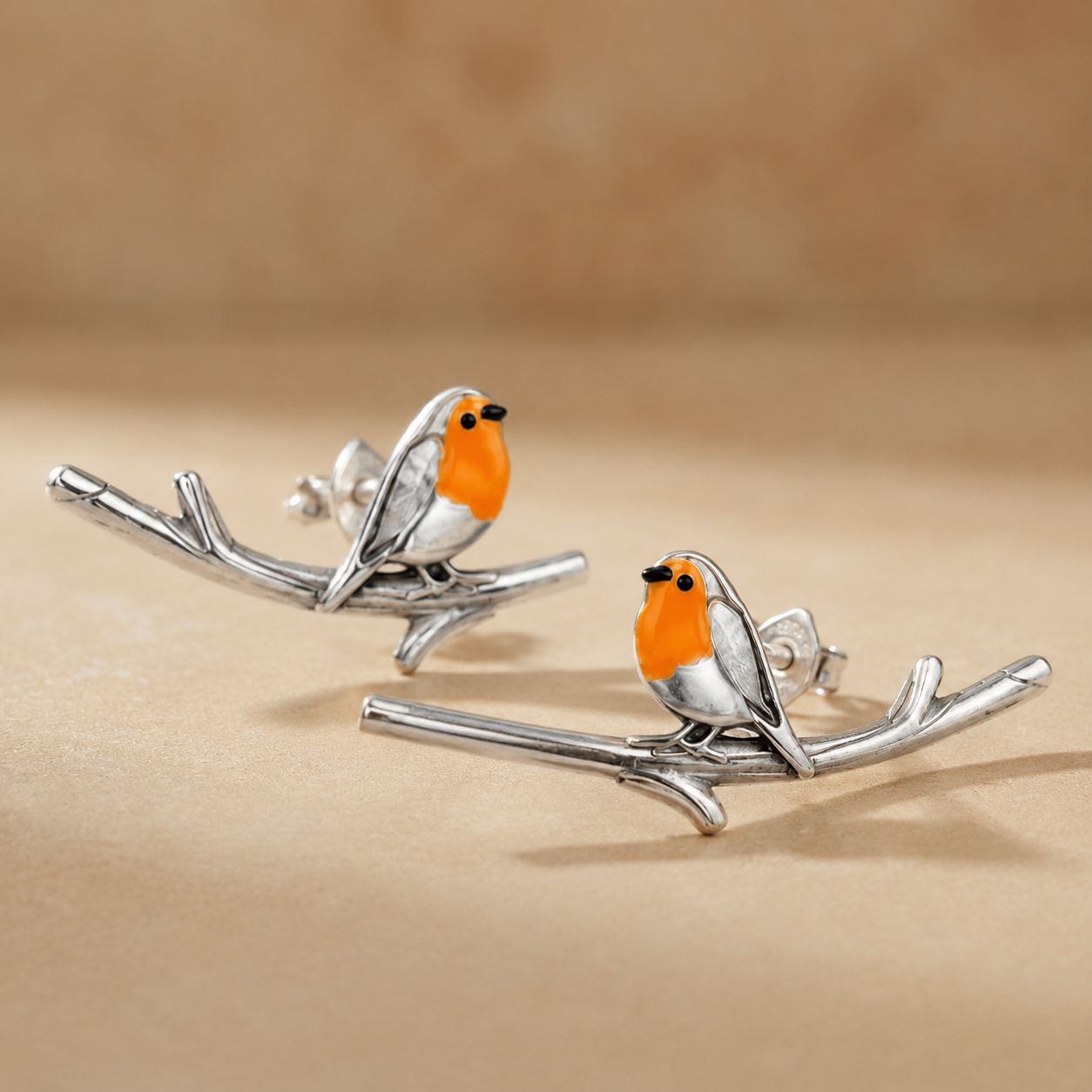 Robin Bird Branch Ear Climber Earrings – Silver Tone Orange Enamel