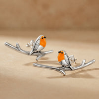 Robin Bird Branch Ear Climber Earrings – Silver Tone Orange Enamel