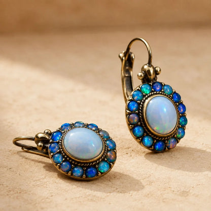 Blue Opal Style Cluster Drop Earrings – Gold Tone Leverback