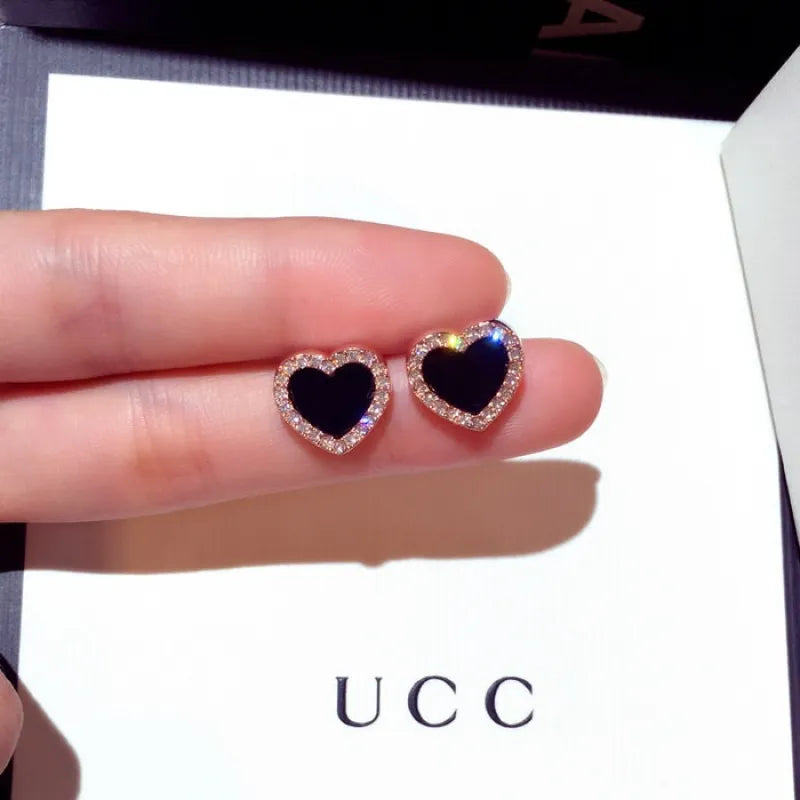 Vintage Enamel Heart Stud Earrings – Rose & Black