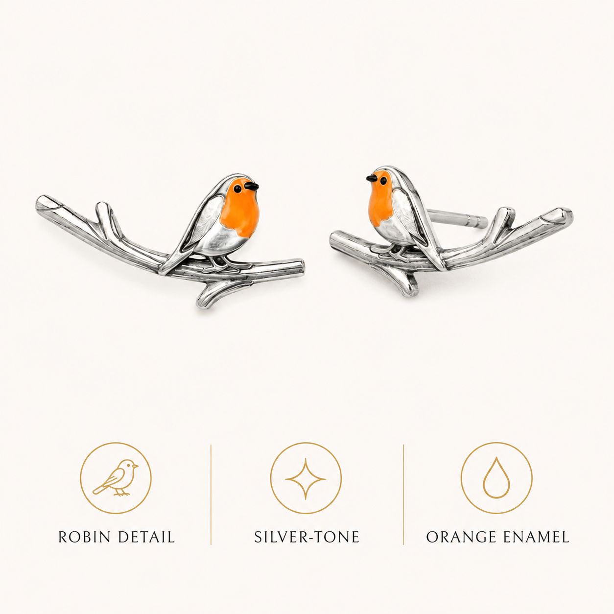 Robin Bird Branch Ear Climber Earrings – Silver Tone Orange Enamel