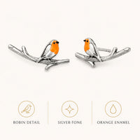 Robin Bird Branch Ear Climber Earrings – Silver Tone Orange Enamel