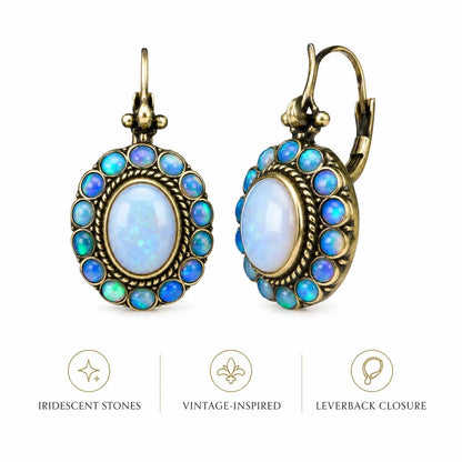 Blue Opal Style Cluster Drop Earrings – Gold Tone Leverback