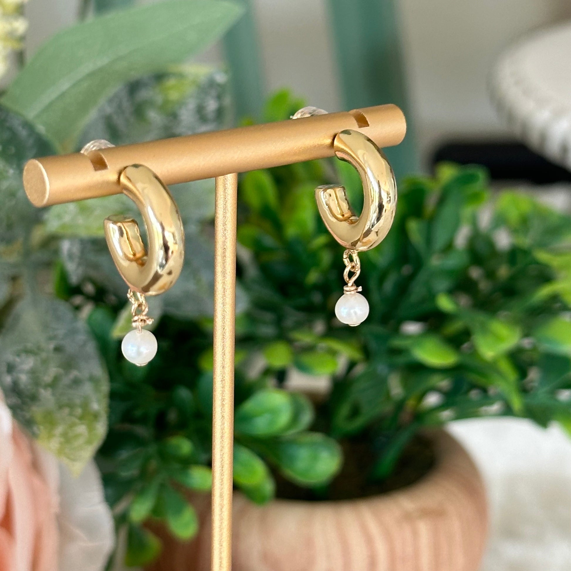 Ileana Thick Hoop Pearl Earrring-Lydieannejewelry