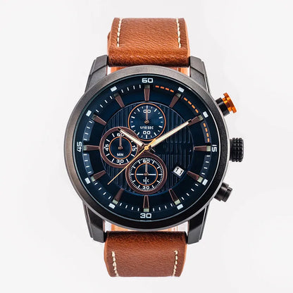 Luxury Men’s Multifunction Sports Watch with Genuine Leather Band & Quartz Movement