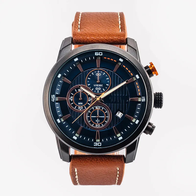 Luxury Men’s Multifunction Sports Watch with Genuine Leather Band & Quartz Movement