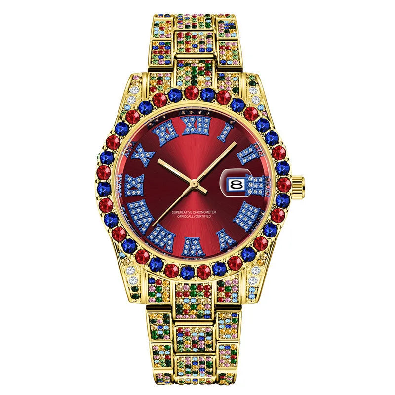 Gold Iced Out Watch Crystal Bezel & Bracelet Roman Numerals | 43mm