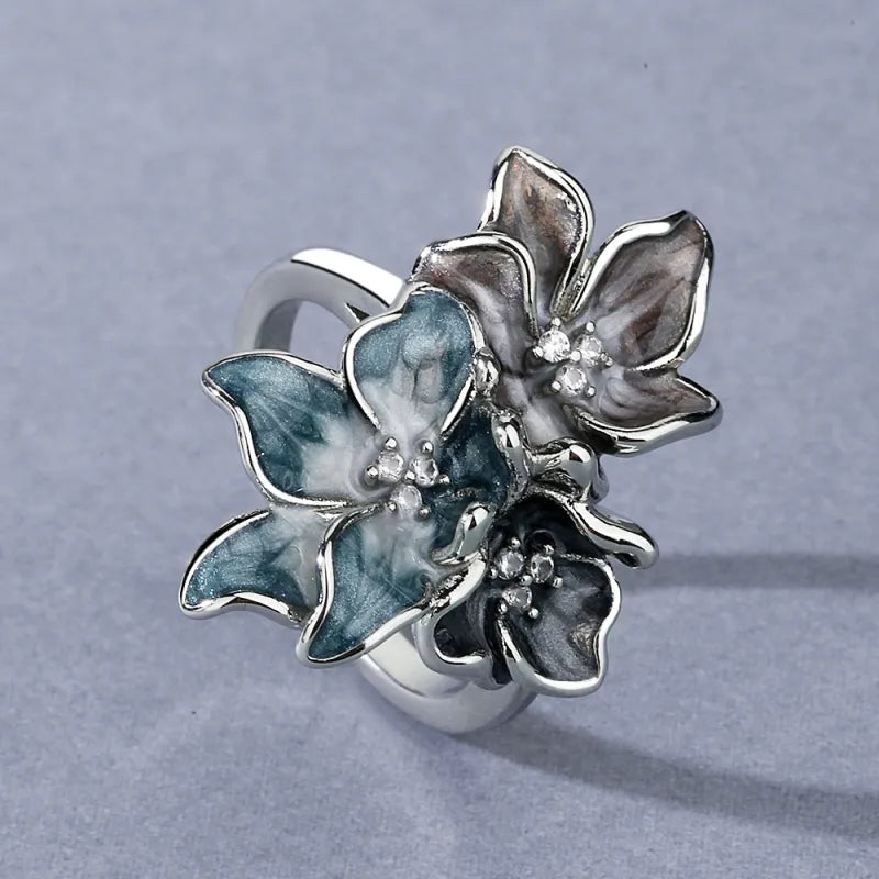 Vintage Ink Splash Zircon Flower Ring