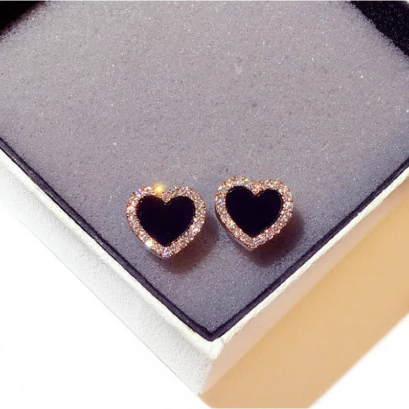 Vintage Enamel Heart Stud Earrings – Rose & Black