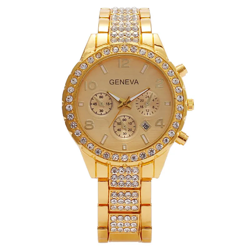 Elegant Ladies Fashion Watch with Diamond Accents, Calendar & Three-Eye Design