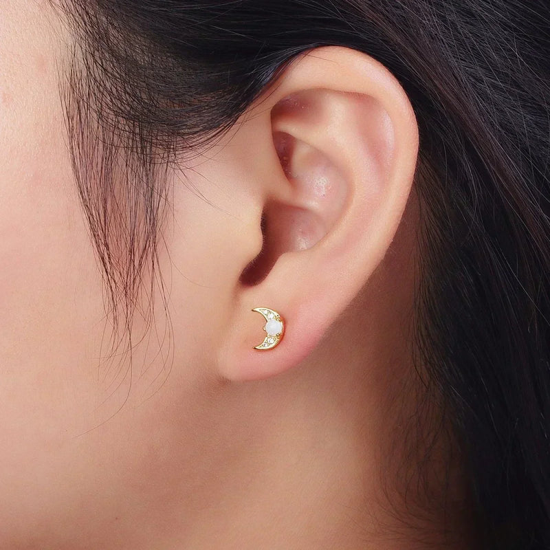 Opal Moon Stud Earrings-Lydieannejewelry