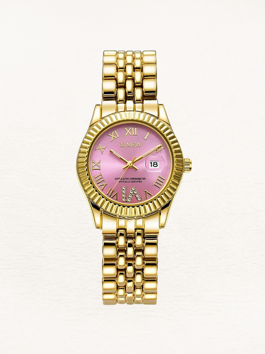 Women's quartz watch | With gold-pink cubic zirconia