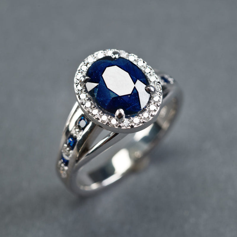 Vintage Blue Inlaid Rounded Zirconia Silver Ring-Lydieannejewelry