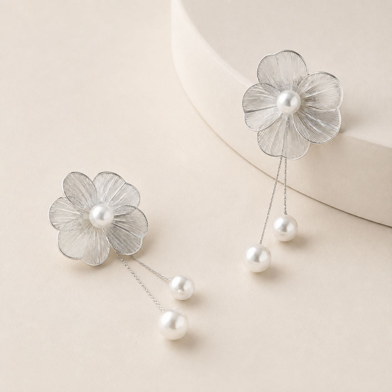 Flower Pearl Chain Drop Earrings - Gold Tone