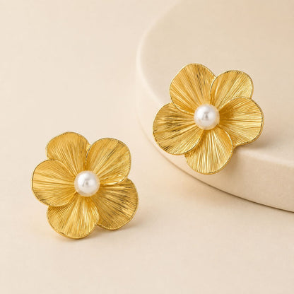 Textured Flower Pearl Stud Earrings  Gold Tone