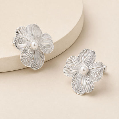 Textured Flower Pearl Stud Earrings  Gold Tone
