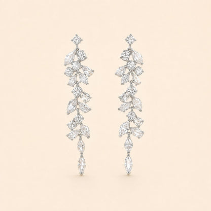 Crystal Leaf Vine Drop Earrings - Silver Tone