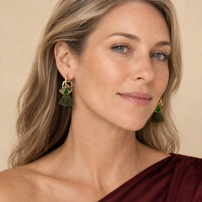 Green Enamel Fan Tassel Hoop Earrings