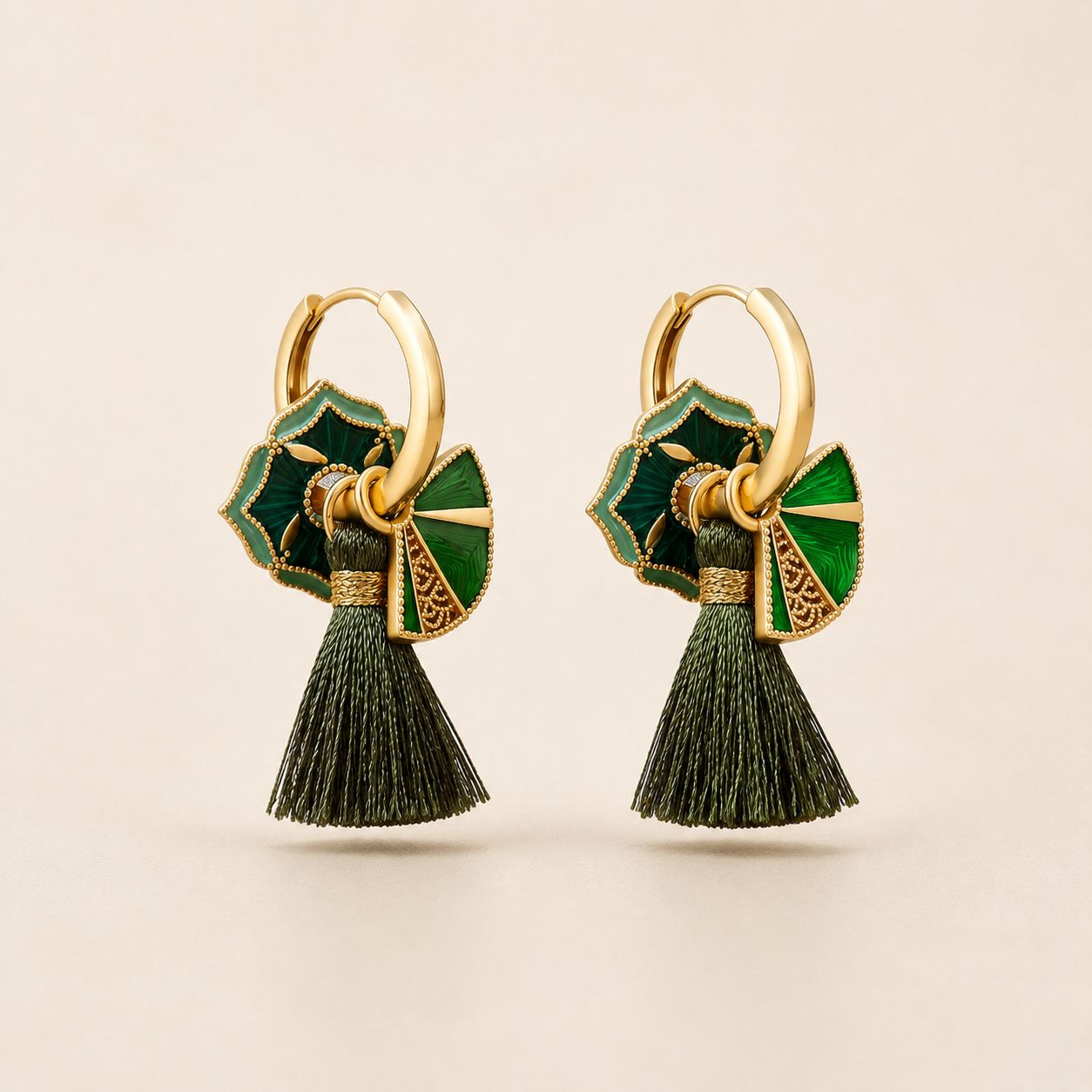 Green Enamel Fan Tassel Hoop Earrings