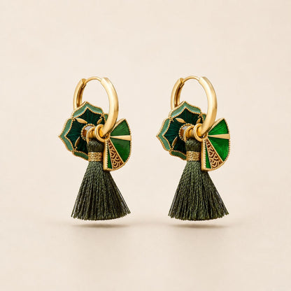 Green Enamel Fan Tassel Hoop Earrings