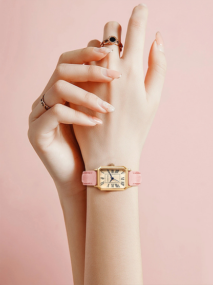 Florenza | Elegant women's watch with square gold case and leather strap