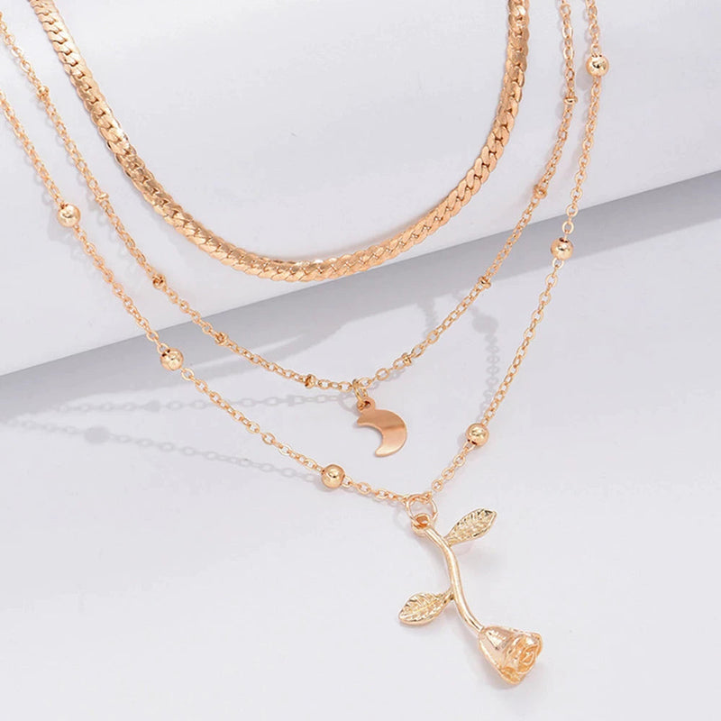 Rose and Moon Gold Pendant Necklace