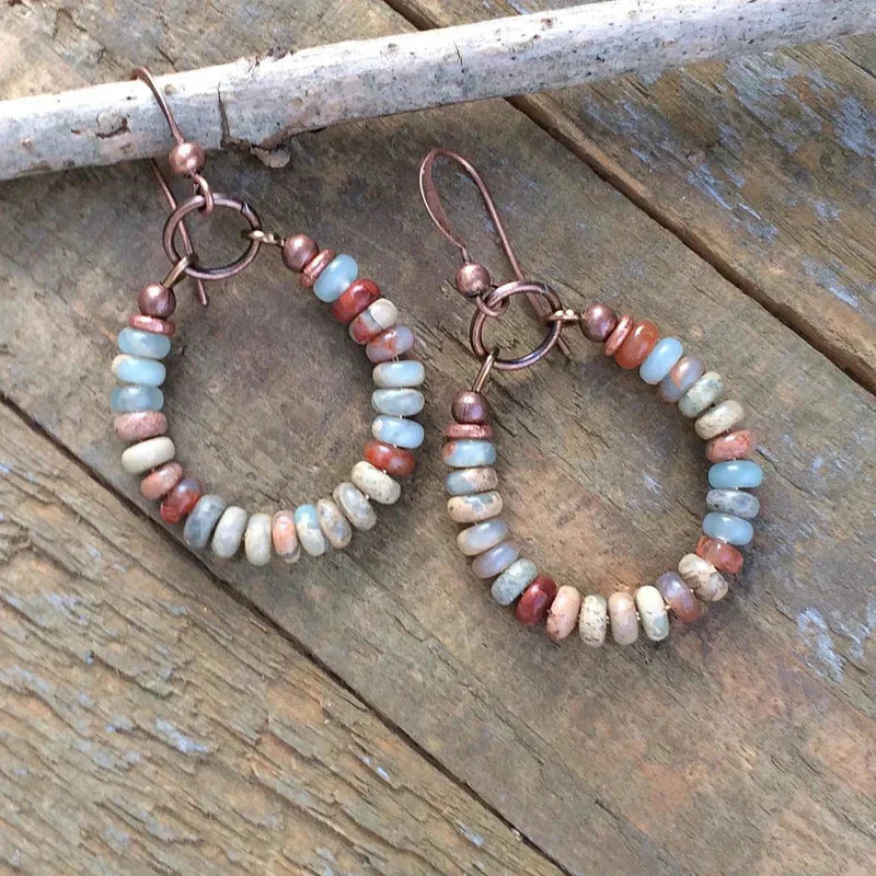 Vintage Natural Stones Hoop Earrings-Lydieannejewelry