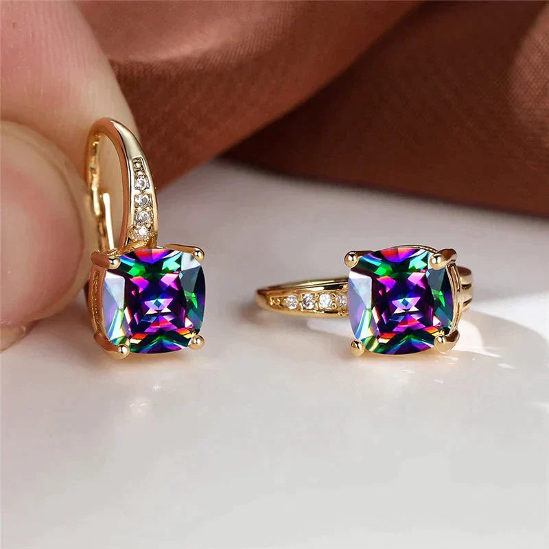 Rainbow Zirconia Hoop Earrings in Gold