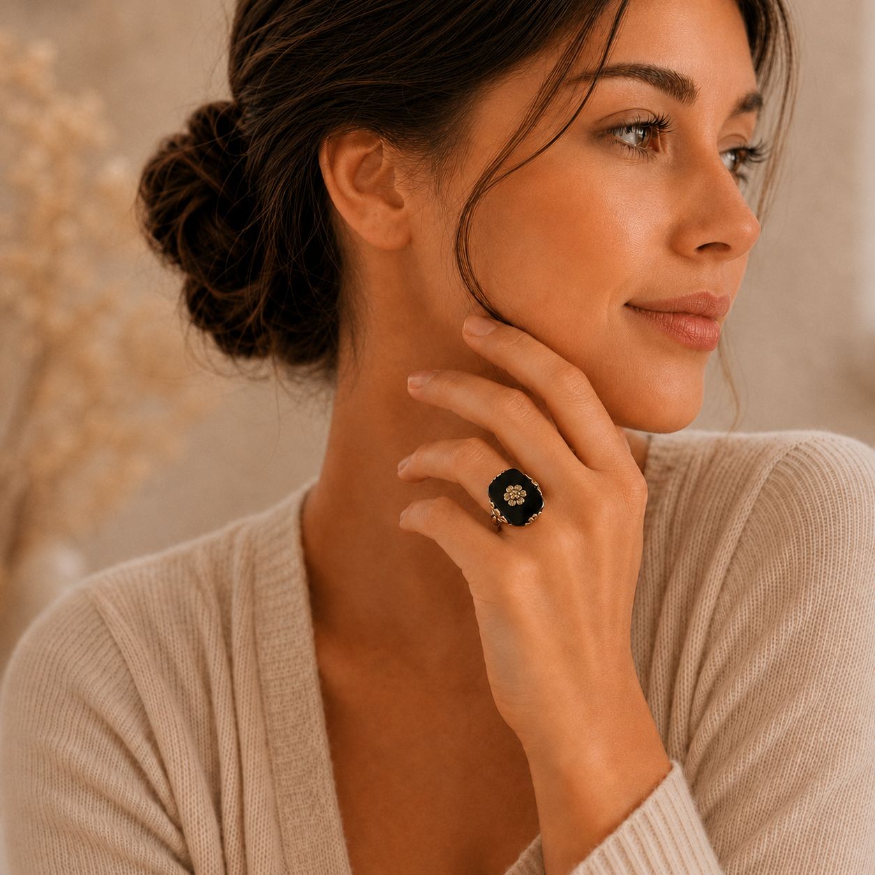 Floral Black Stone Ring
