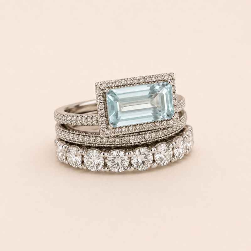 Aquamarine Halo Ring Set